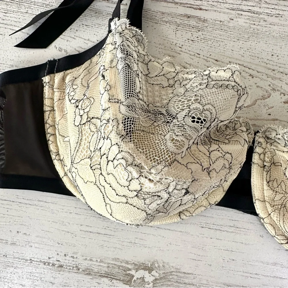 CACIQUE Floral Lace Balconette Bra 42DD Cream Black - Picture 2 of 9